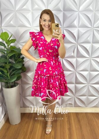 Vestido Romênia Crepinho Estampado - Pink - Milla Chic