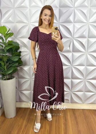 Vestido Viscolinho Com Drapeados No Busto Mídi Estampado Sheila - Marsala - Milla Chic