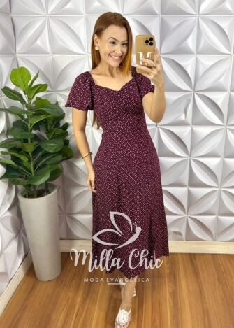 Vestido Viscolinho Com Drapeados No Busto Mídi Estampado Sheila - Marsala - Milla Chic