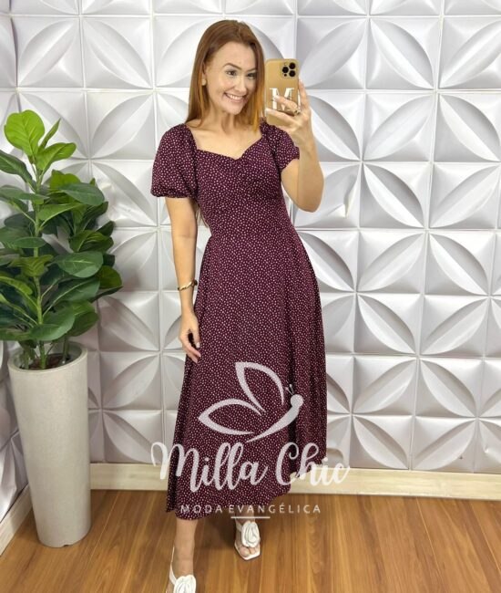 Vestido Viscolinho Com Drapeados No Busto Mídi Estampado Sheila - Marsala - Milla Chic