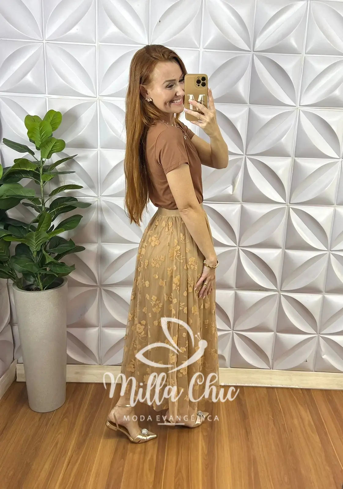 Saia Tule Flor Marina – Marrom – Milla Chic Saia Tule Flor Marina - Marrom - Milla Chic