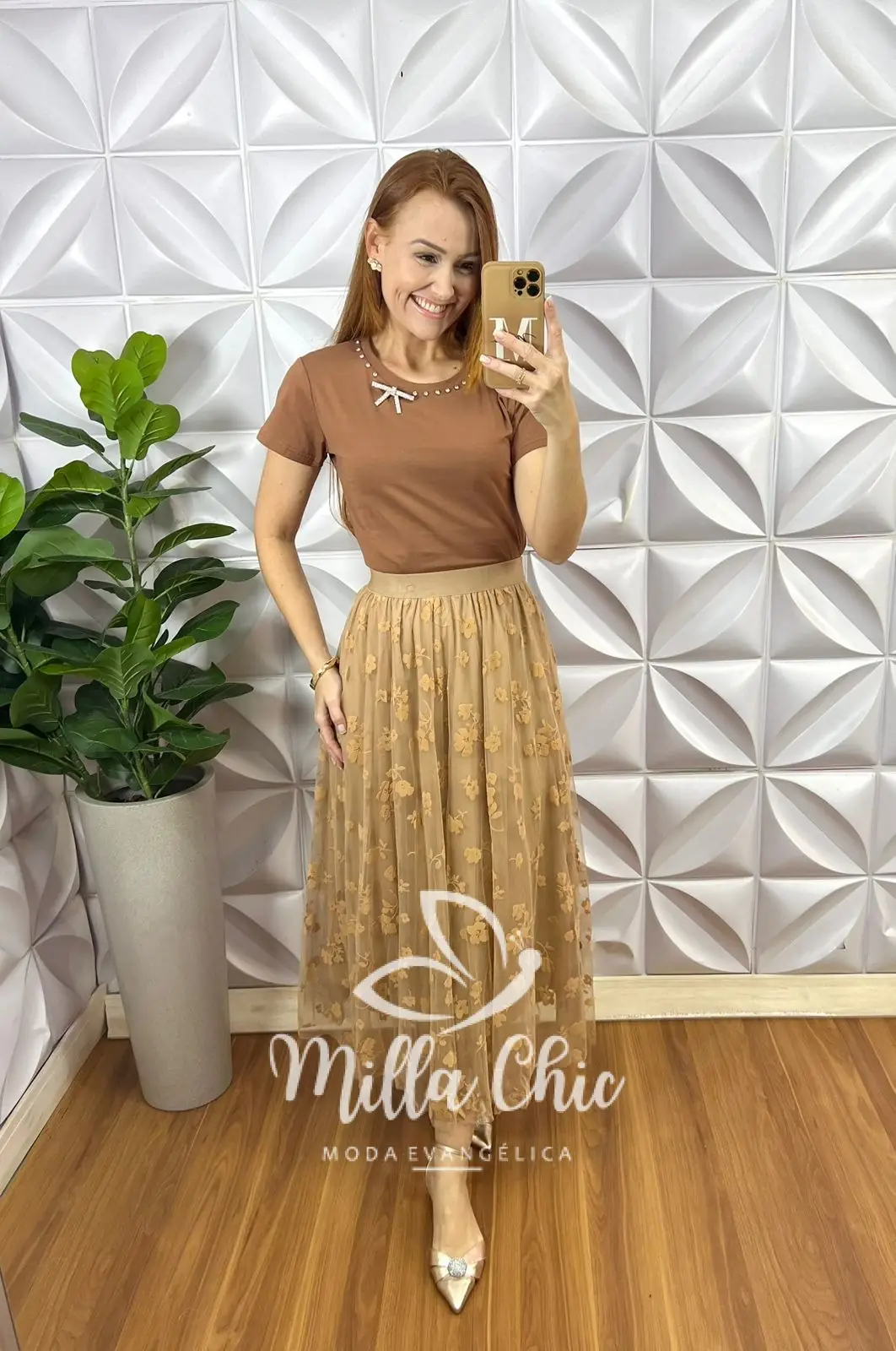 Saia Tule Flor Marina – Marrom – Milla Chic Saia Tule Flor Marina - Marrom - Milla Chic