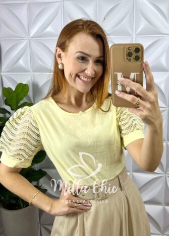 Blusa Agatha Manga Renda Crochê - Amarela - Milla Chic