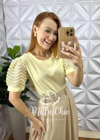 Blusa Agatha Manga Renda Crochê - Amarela - Milla Chic