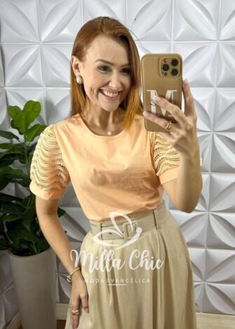 Milla Chic - millachic com br blusa agatha manga renda croche laranja 1 Blusa Agatha Manga Renda Crochê - Laranja - Milla Chic