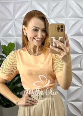 Blusa Agatha Manga Renda Crochê - Laranja - Milla Chic