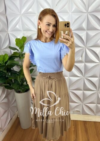 Blusa Athenas Em Malha Com Manga Guipper - Azul - Milla Chic