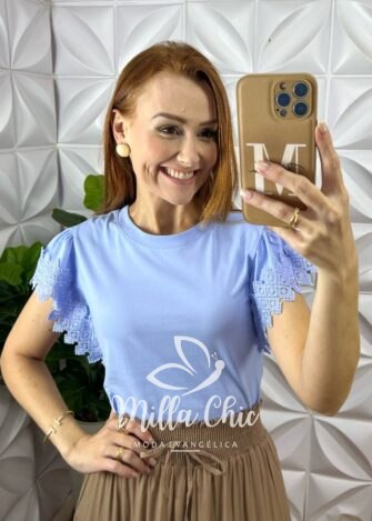 Blusa Athenas Em Malha Com Manga Guipper - Azul - Milla Chic