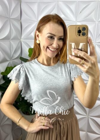 Blusa Athenas Em Malha Com Manga Guipper - Cinza - Milla Chic