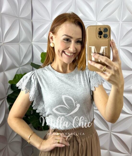 Blusa Athenas Em Malha Com Manga Guipper - Cinza - Milla Chic