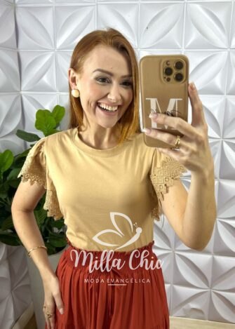 Blusa Athenas Em Malha Com Manga Guipper - Nude - Milla Chic