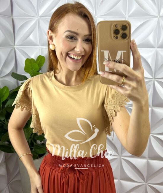 Blusa Athenas Em Malha Com Manga Guipper - Nude - Milla Chic