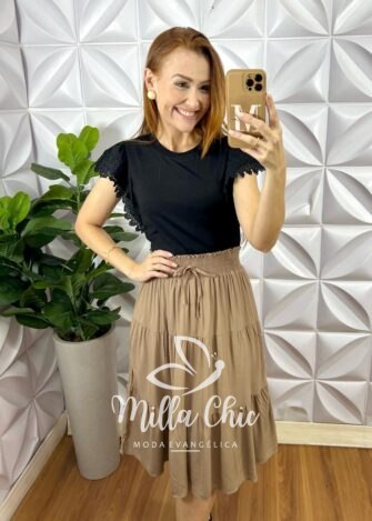Blusa Athenas Em Malha Com Manga Guipper - Preta - Milla Chic
