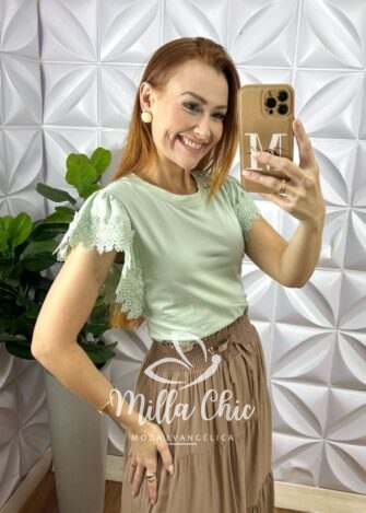 Blusa Athenas Em Malha Com Manga Guipper - Verde - Milla Chic