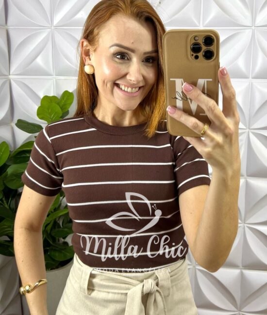 Blusa Canelada Básica Chic Listras - Marrom - Milla Chic