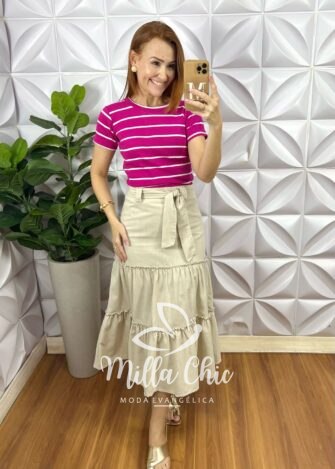Blusa Canelada Básica Chic Listras - Rosa - Milla Chic