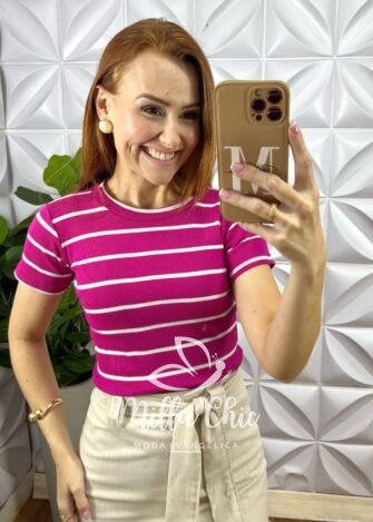 Blusa Canelada Básica Chic Listras - Rosa - Milla Chic