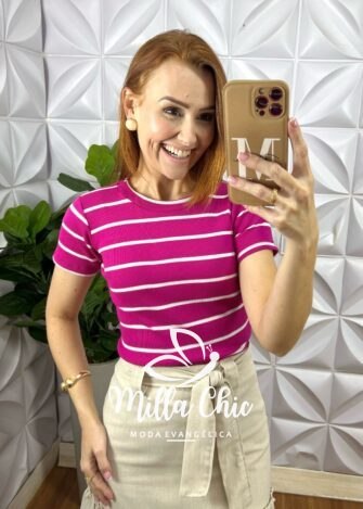 Blusa Canelada Básica Chic Listras - Rosa - Milla Chic