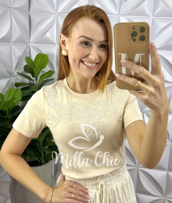 Blusa Cannes Malha De Algodão Bordada - Areia - Milla Chic