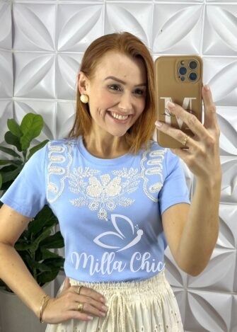 Blusa Cannes Malha De Algodão Bordada - Azul - Milla Chic