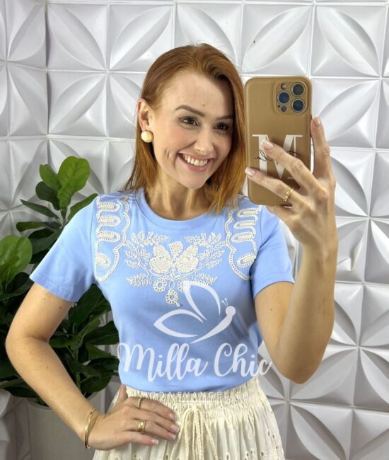 Blusa Cannes Malha De Algodão Bordada - Azul - Milla Chic