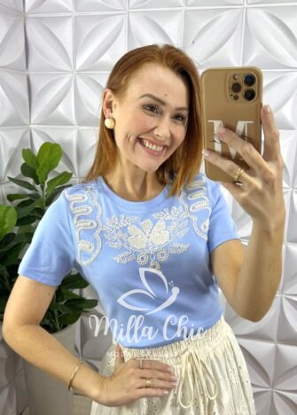 Milla Chic - millachic com br blusa cannes malha de algodao bordada azul Blusa Cannes Malha De Algodão Bordada - Azul - Milla Chic