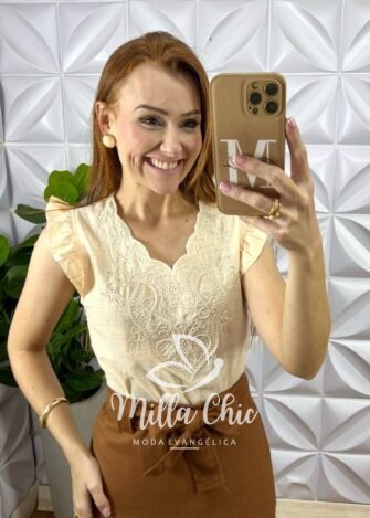 Blusa Marrocos Em Linho Bordada - Areia - Milla Chic