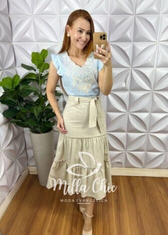 Blusa Marrocos Em Linho Bordada - Azul - Milla Chic