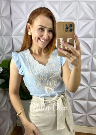 Blusa Marrocos Em Linho Bordada - Azul - Milla Chic