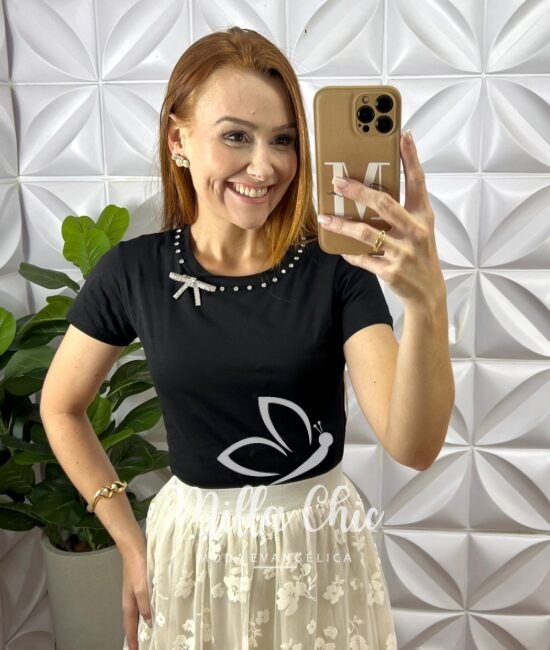 Blusa Rubi Com Broche Laço - Preto - Milla Chic