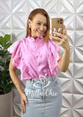 Camisa Genébra Em Crepe Acetinado - Rosa - Milla Chic