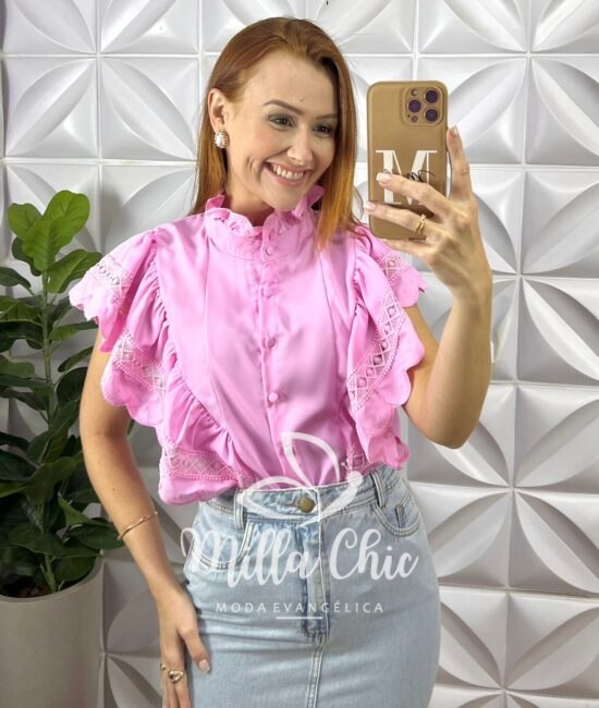 Camisa Genébra Em Crepe Acetinado - Rosa - Milla Chic