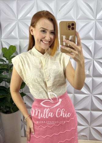 Camisa Gérbera Cambraia Linho - Areia - Milla Chic