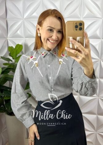 Camisa Mileide Tricoline Listrada E Bordado - Preta - Milla Chic