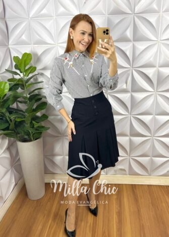 Camisa Mileide Tricoline Listrada E Bordado - Preta - Milla Chic