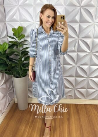 Milla Chic - millachic com br chemise italia listras em tricoline azul Chemise Itália Listras em Tricoline - Azul - Milla Chic