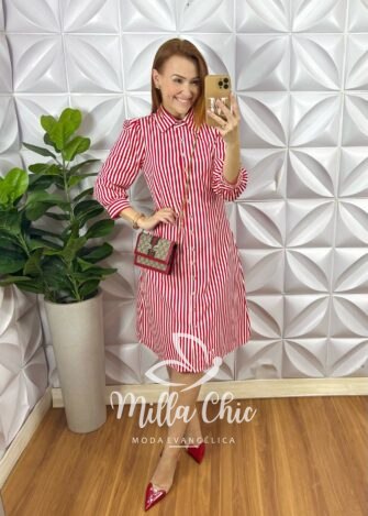 Chemise Itália Listras em Tricoline - Vermelho - Milla Chic