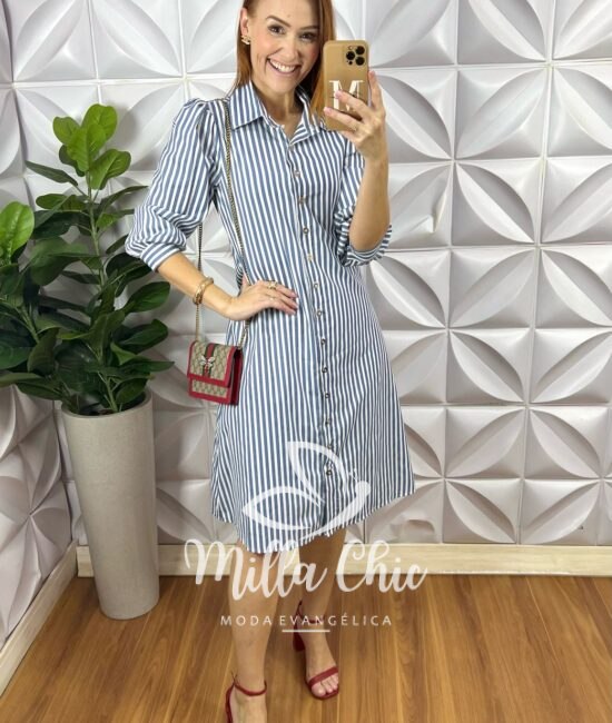 Chemise Itália Listras em Tricoline - Azul - Milla Chic