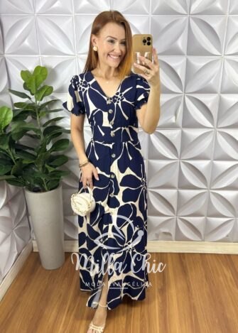 Chemise Lia Viscolinho Estampado - Azul Marinho - Milla Chic