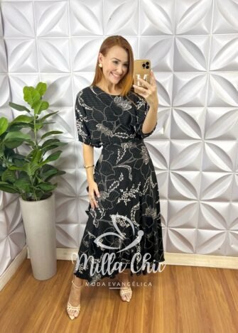 Conjunto Riviera Blusa Com Elástico E Saia Envelope Com Detalhes Na Lateral - Preto Estampado - Milla Chic