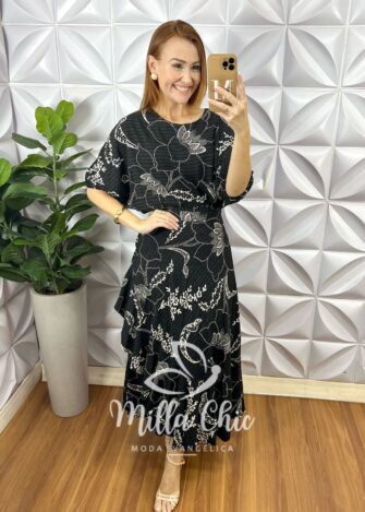 Conjunto Riviera Blusa Com Elástico E Saia Envelope Com Detalhes Na Lateral - Preto Estampado - Milla Chic