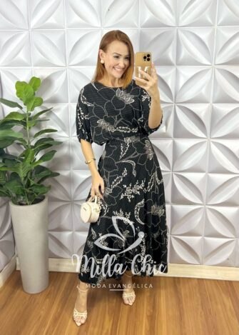 Conjunto Riviera Blusa Com Elástico E Saia Envelope Com Detalhes Na Lateral - Preto Estampado - Milla Chic