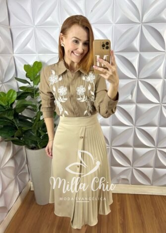 Saia Apolónia Em Alfaiataria Plissada - Nude - Milla Chic