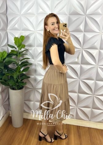 Saia Dany Viscolinho - Nude - Milla Chic