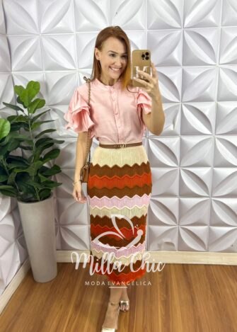 Milla Chic - millachic com br saia tricot verona laranja e rosa 1 Saia Tricot Verona - Laranja E Rosa - Milla Chic