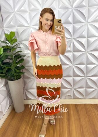 Saia Tricot Verona - Laranja E Rosa - Milla Chic