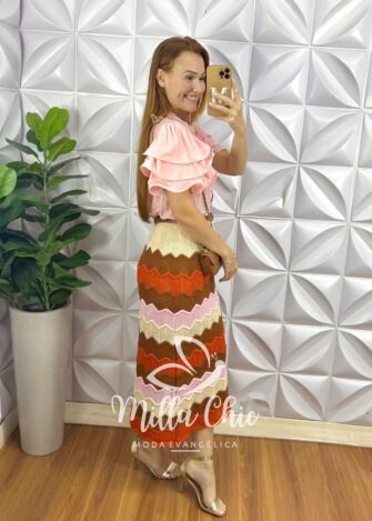 Saia Tricot Verona - Laranja E Rosa - Milla Chic