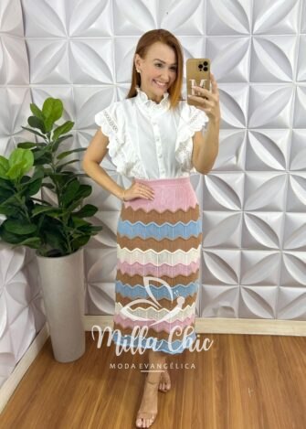Saia Tricot Verona - Rosa E Azul - Milla Chic