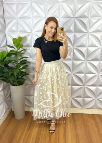 Saia Tule Flor Marina - Branca - Milla Chic