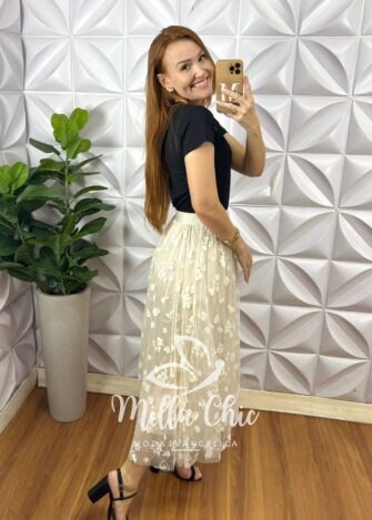 Saia Tule Flor Marina - Branca - Milla Chic